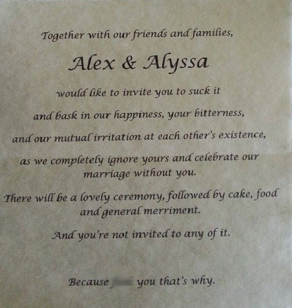 Bride Sends Parents “F--k You” Non-Invitation to Her Wedding Bride Sends Parents “F--k You” Non-Invitation to Her Wedding